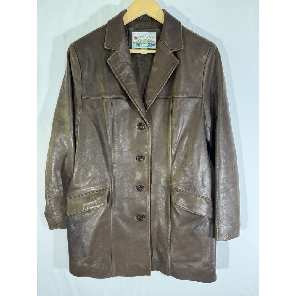 VINTAGE SERENITY Lined Leather Coat Jacket Camel Brown Women's Size Large EUC